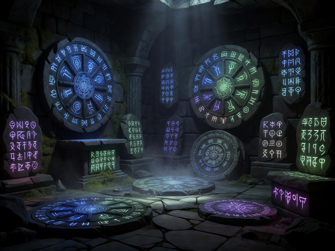 Ancient stone runes and mystical relic wheels glowing inside a dark, atmospheric dungeon setting.