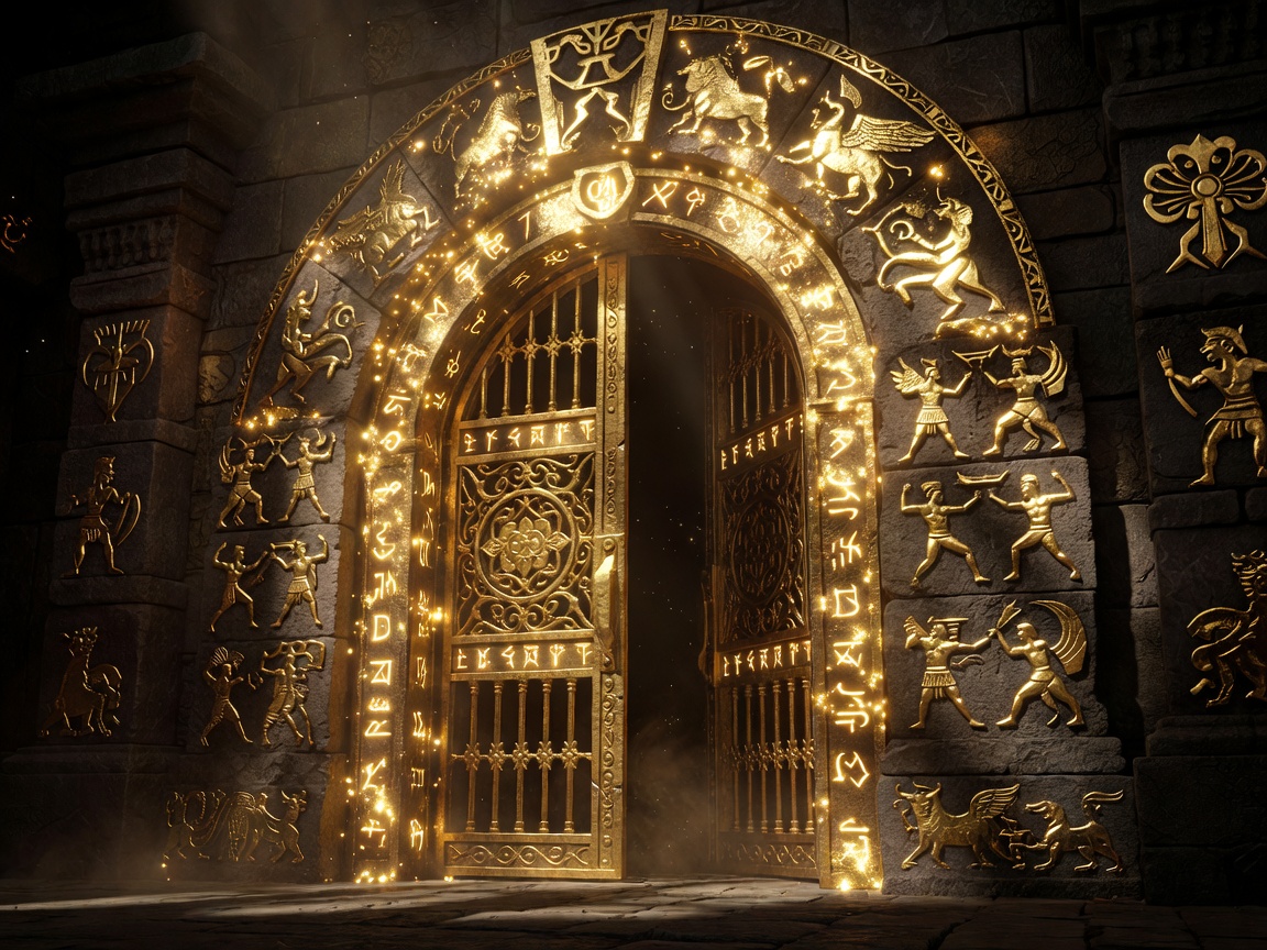 Gilded dungeon gate entrance shimmering with mystical gold lights and stone carvings representing the free play arena.