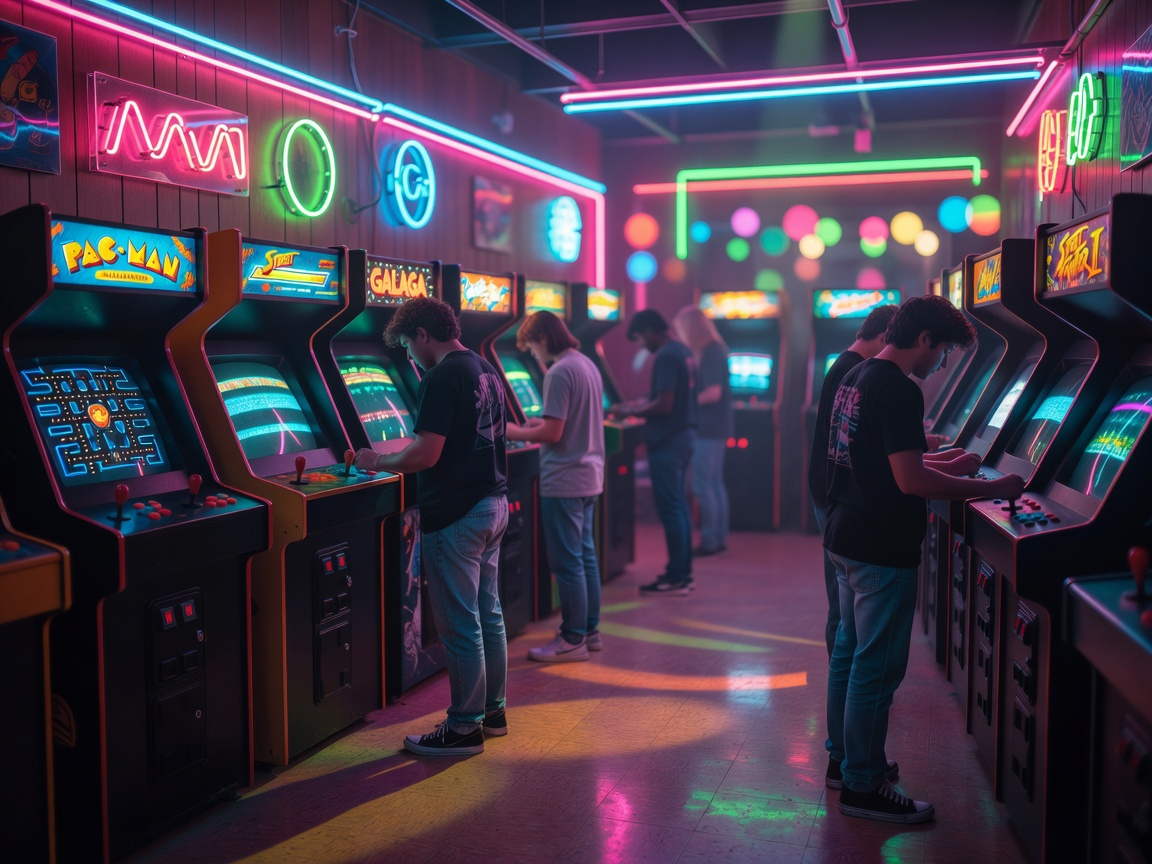 Vibrant neon-glowing cyberpunk elements and vintage slot machines standing in an atmospheric retro arcade hall