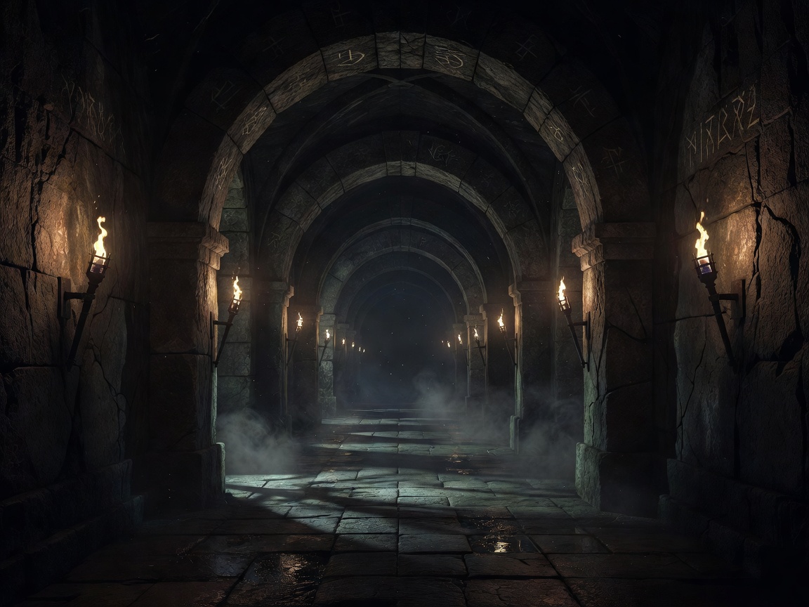Mystic dark dungeon atmospheric hallway with arches
