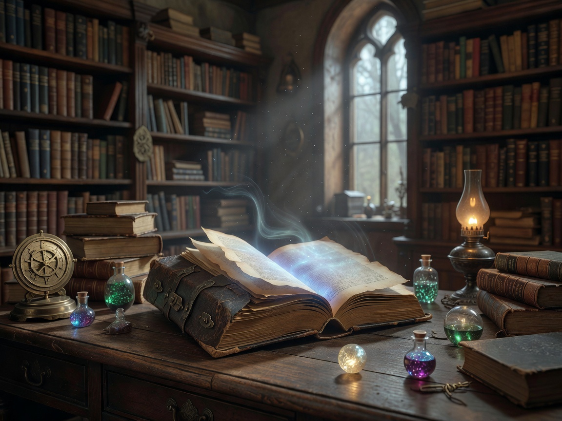 Open magical wizard book of ancient design secrets resting on an antique wooden study desk under warm ambient candlelight