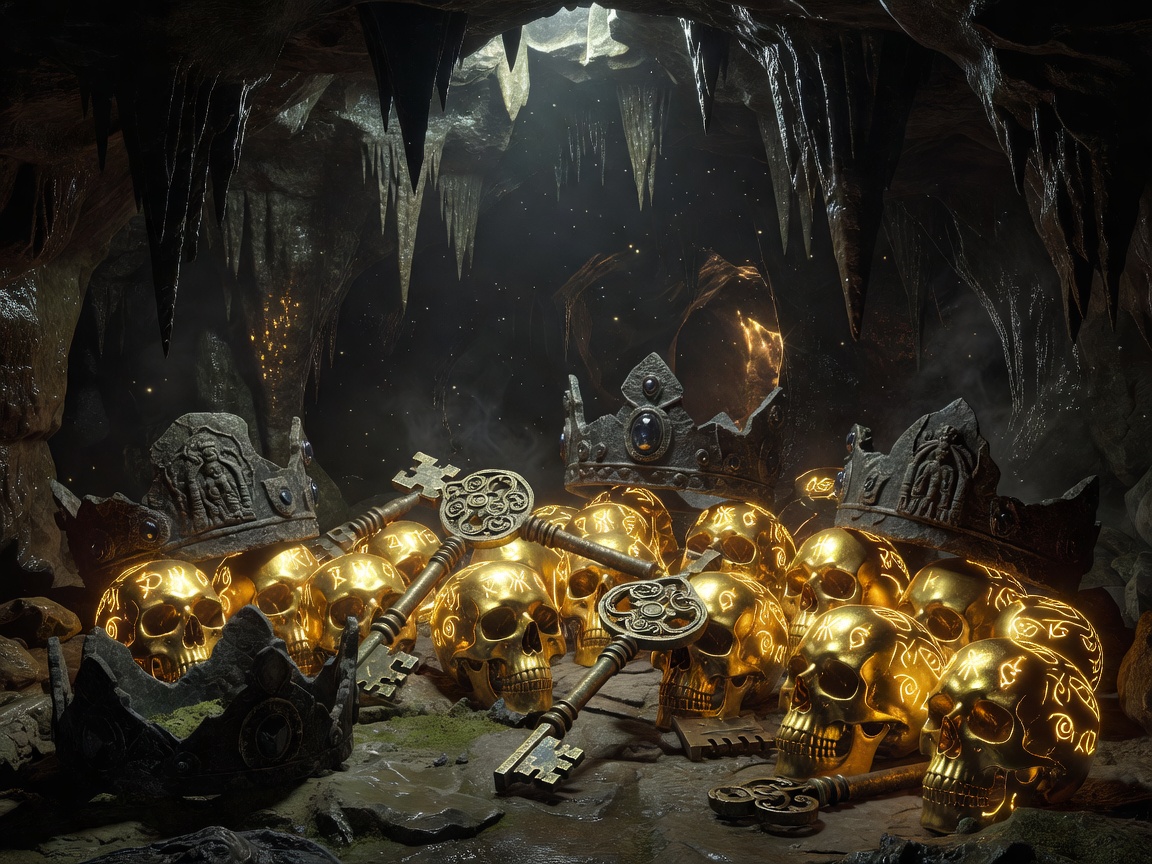 Simulated high fantasy gameplay reels featuring golden skulls, medieval keys, and ancient stone crowns inside a dark cave.